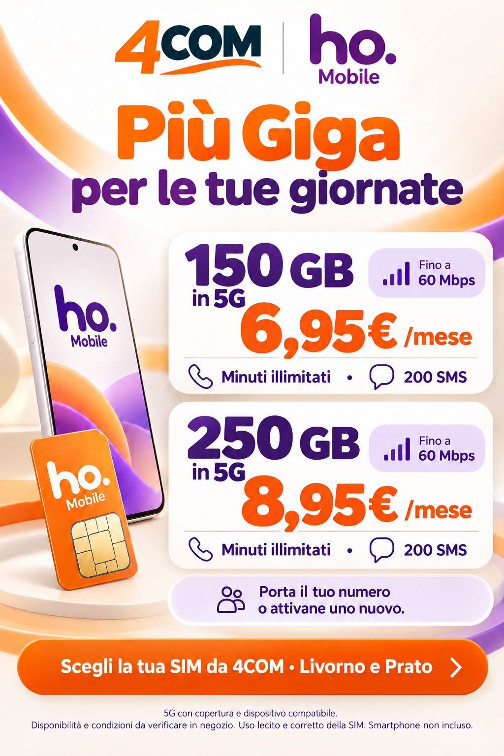 150 GB a 6,95 € o 250 GB a 8,95 € al mese, fino a 60 Mbps.