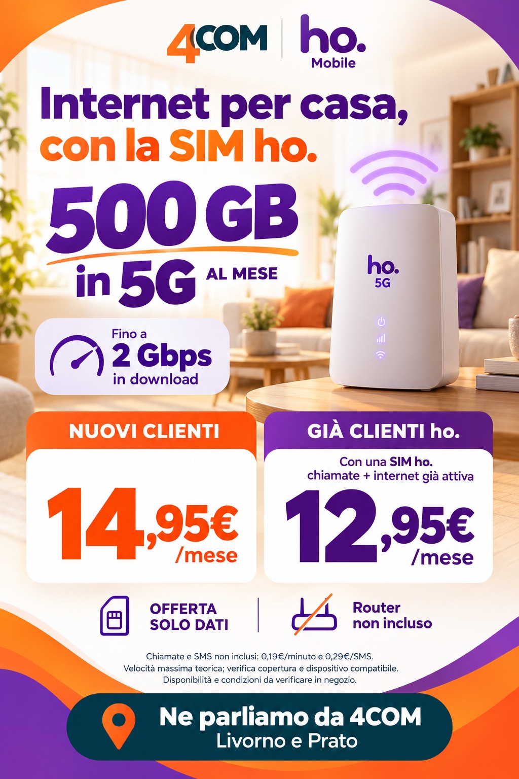 SIM dati casa da 500 GB: 14,95 €/mese, oppure 12,95 € con SIM ho. chiamate + internet già attiva.