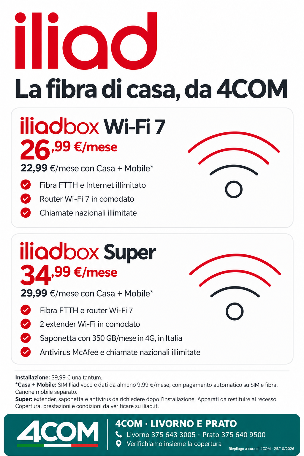 Locandina 4COM delle offerte Iliad fibra: iliadbox Wi-Fi 7 e iliadbox Super