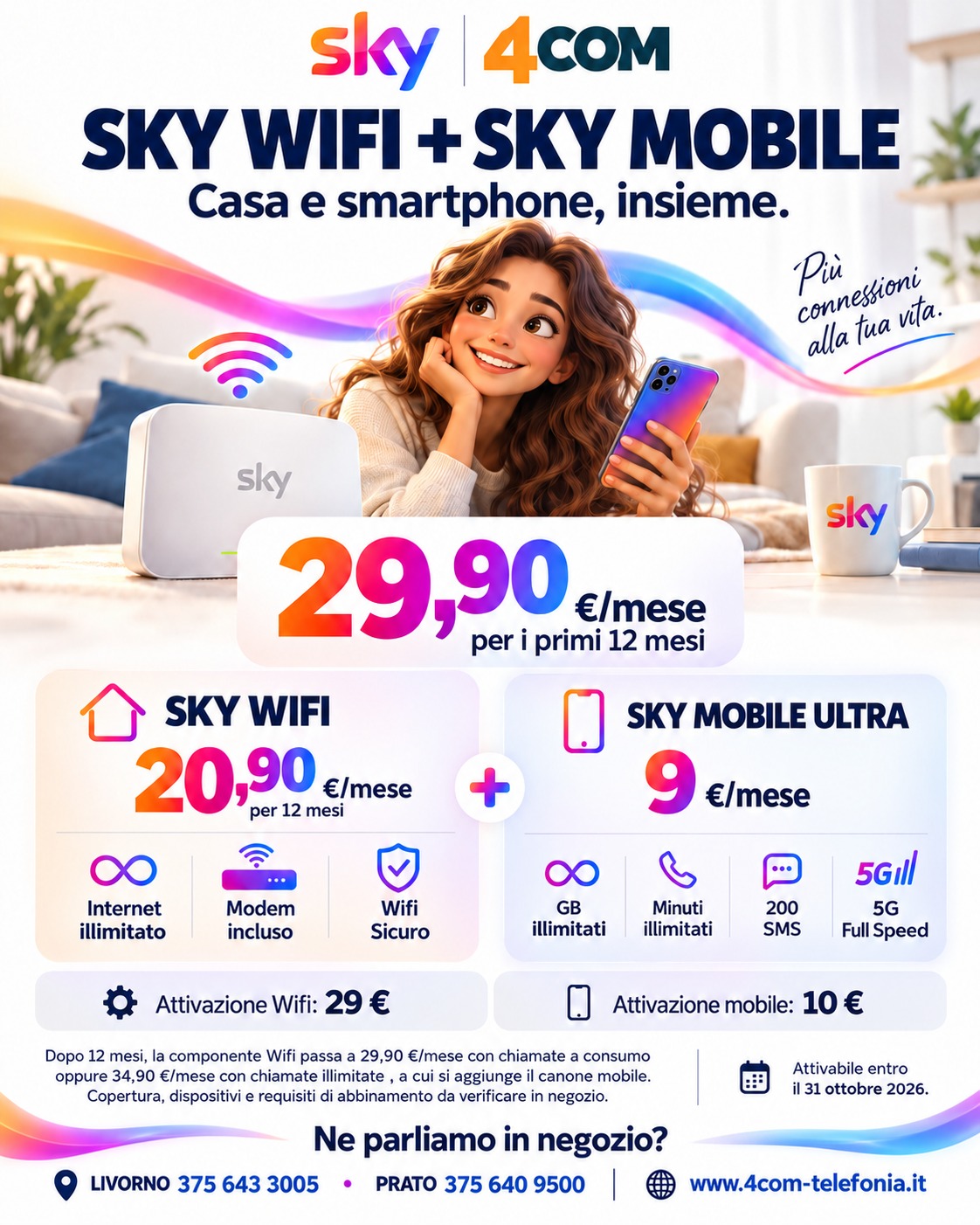 Sky WiFi + Mobile: attivazione WiFi 29 € e SIM 10 €